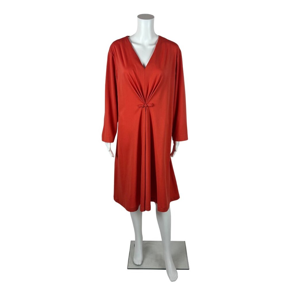 Vintage 70s Cocktail Dress Womens 2X Orange Polyester Knot Detail Volup V Neck
